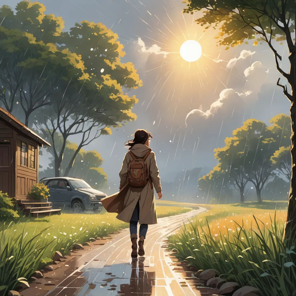 a woman walking down a rain soaked road under a sunlit sky with a car parked on the side of the road, american scene painting, a storybook illustration, Atey Ghailan, dan mumford. octane render