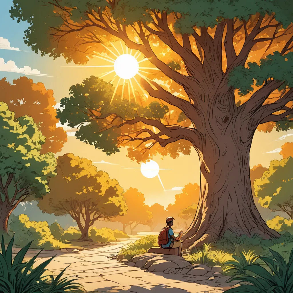 a person sitting on a bench under a tree in a park at sunset or sunrise time, with the sun shining through the trees, environmental art, a storybook illustration, Asaf Hanuka, rossdraws global illumination