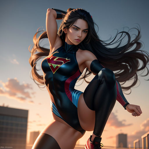 a woman in a black and red costume posing for a picture with her hair blowing in the wind and a city in the background