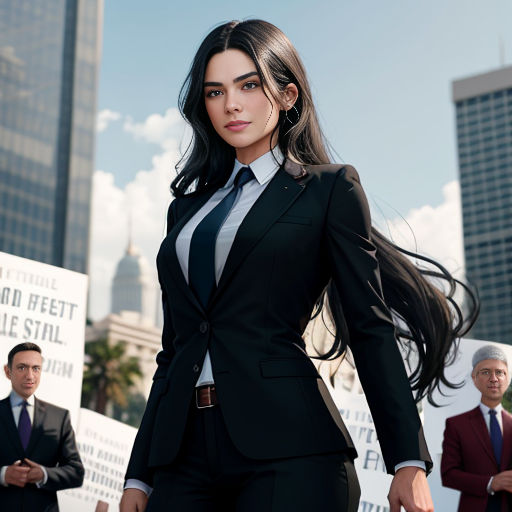 a woman in a suit and tie standing in front of a group of men in suits and ties in a city