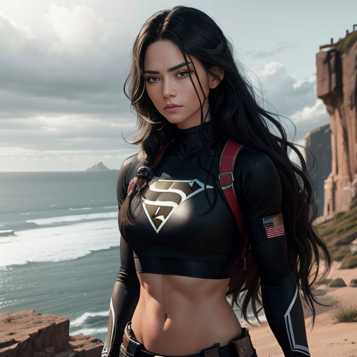 a woman in a black and red suit standing on a beach next to the ocean with a gun in her hand