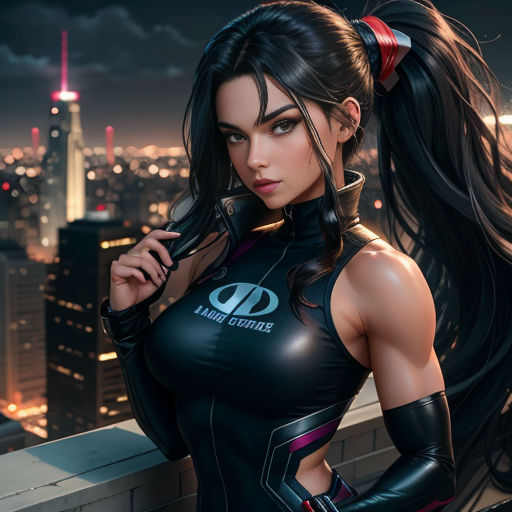 a woman in a black outfit standing on a ledge with a city in the background and a cityscape in the background