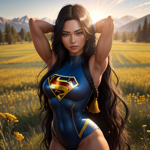 a woman in a blue and yellow costume posing in a field of flowers with a sun behind her and mountains in the background