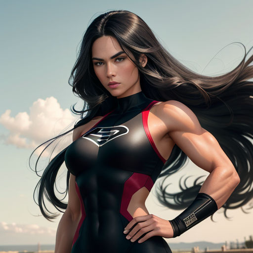 a woman in a black and red body suit posing for a picture with long hair in the wind and a sky background