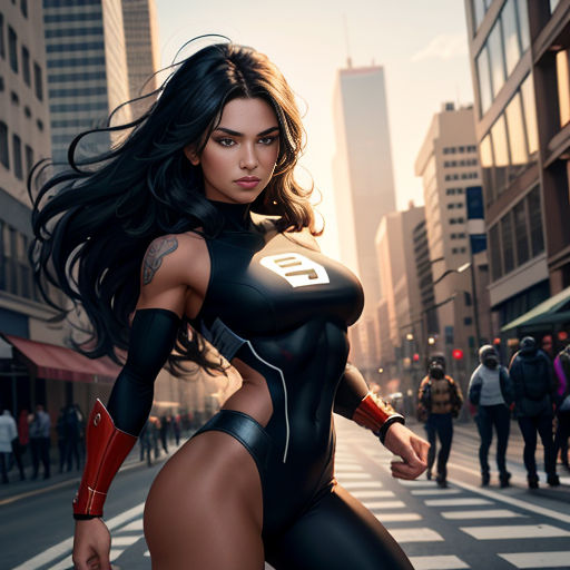 a woman in a black and red outfit is posing on a city street with a group of people behind her