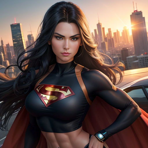 a woman in a black and red outfit with a red cape on her shoulders and a city skyline in the background