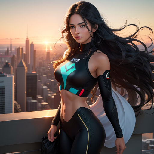 a woman in a black and green suit standing on a ledge with her hair blowing in the wind and a cityscape in the background