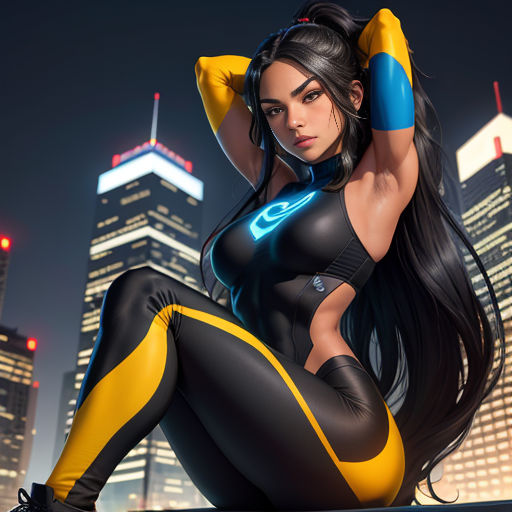 a woman in a black and yellow outfit posing in front of a cityscape at night with a neon light on her arm
