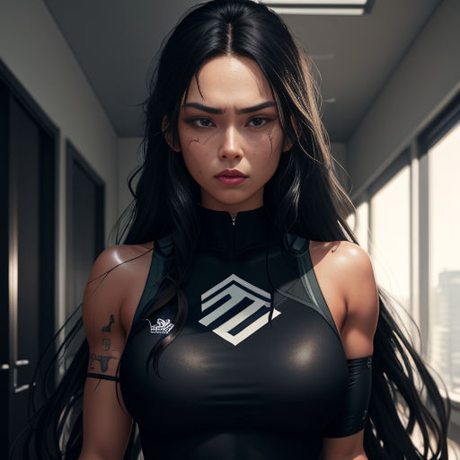 a woman in a black outfit holding a gun in a hallway with a window behind her and a cityscape in the background