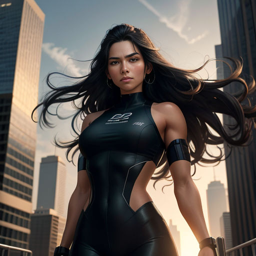a woman in a black suit with a gun in her hand and a city in the background with skyscrapers