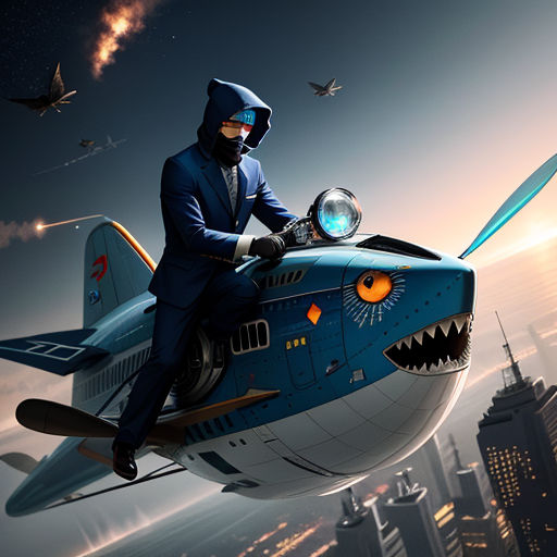 a man in a suit and helmet riding on a plane with a shark mouth on it's nose