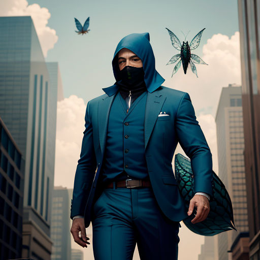 a man in a blue suit and a butterfly flying over him in a city street with tall buildings and a blue sky