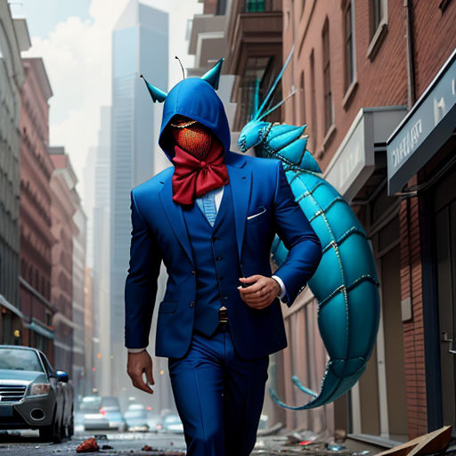 a man in a blue suit and red bow tie walking down a street with a blue dragon costume on