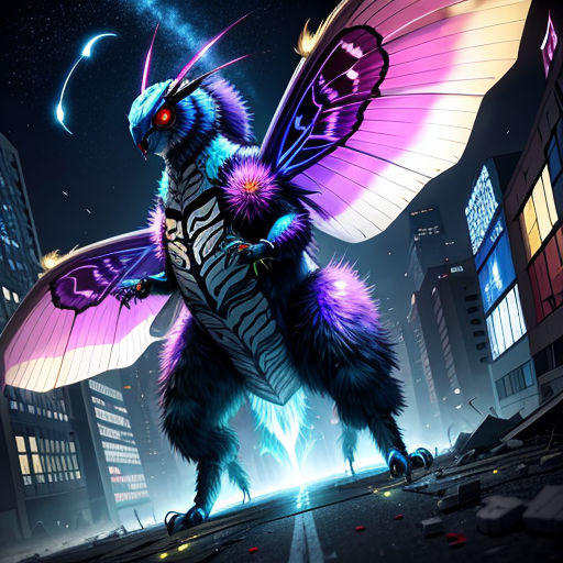 a large creature with a large wing on its back in a city at night with lights and buildings in the background