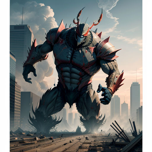 a giant monster with a huge body and huge horns in a city setting with a sky background and clouds