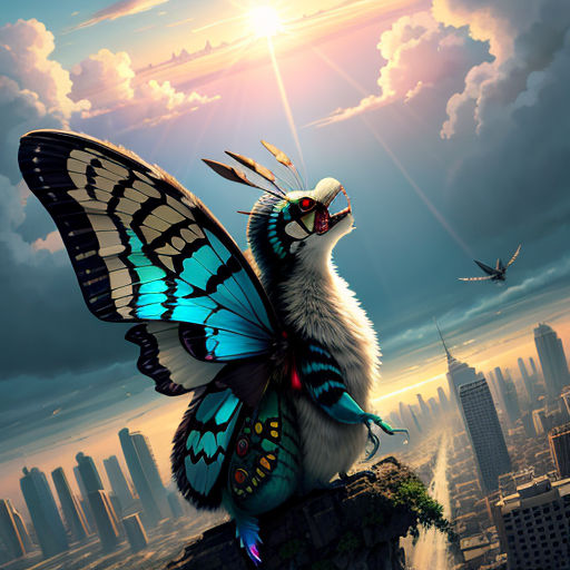 a painting of a butterfly with a bird on its back and a city in the background with a bird on its back