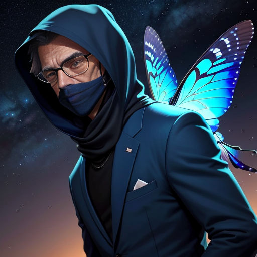 a man in a blue suit and a butterfly mask on his face, with a blue sky background and stars