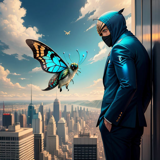 a man in a blue suit and a butterfly flying over him in a cityscape with skyscrapers