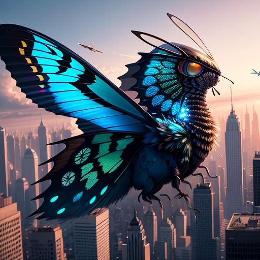 a blue butterfly flying over a city with a jetliner in the background and a plane flying overhead in the sky