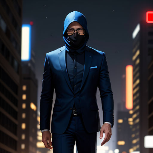 a man in a suit and mask walking down a street at night with a city skyline in the background