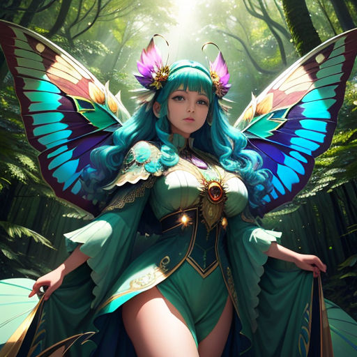 a woman in a green dress with a butterfly wings on her head and a green dress with a blue tail