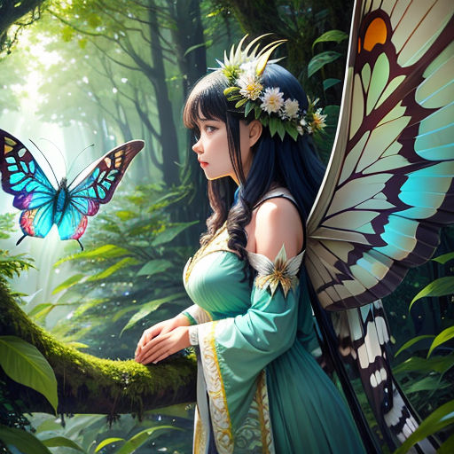 a woman in a green dress with a butterfly on her shoulder and a butterfly on her shoulder, standing in a forest
