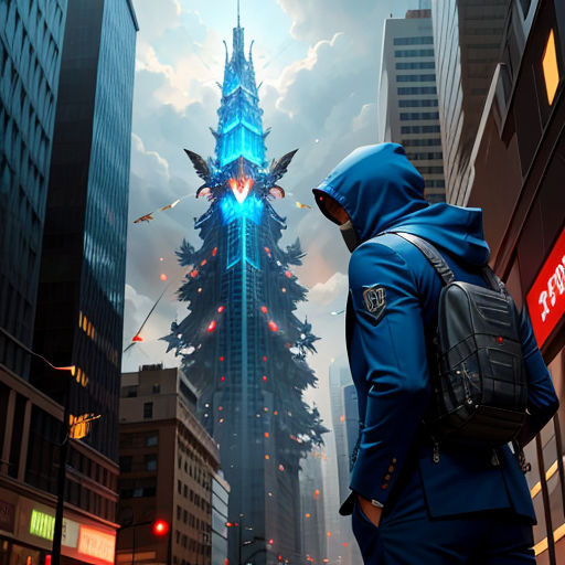 a man in a blue jacket looking at a tall building with a spire on it's side in a city