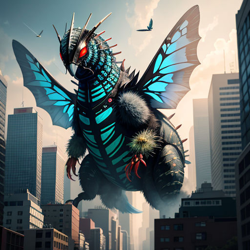 a large blue dragon flying through a city filled with tall buildings and birds flying around it's wings