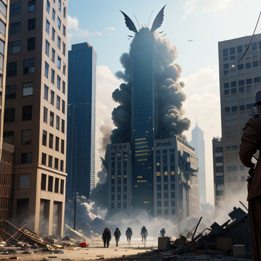 a large building with a giant bird on it's side in the middle of a city with people walking around