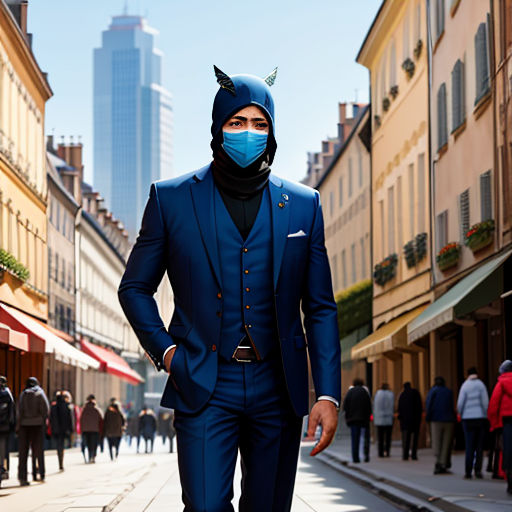 a man in a suit and mask walks down a street in a city with buildings in the background and people walking on the sidewalk