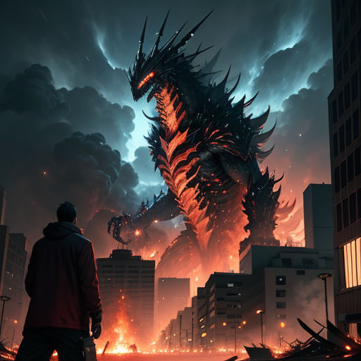 a man standing in front of a giant godzilla in a city at night with a city skyline in the background