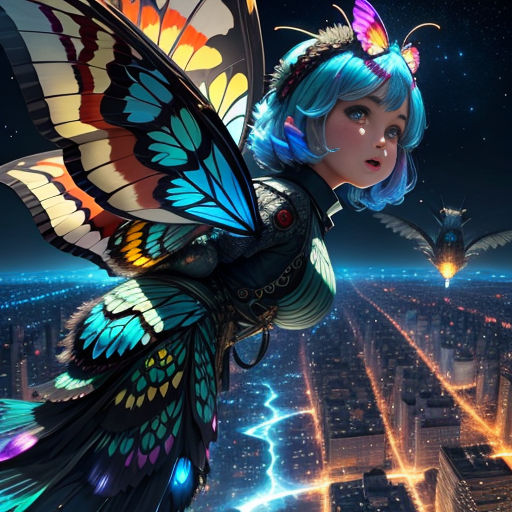 a girl with blue hair and butterfly wings flying over a city at night with a bird flying over her head