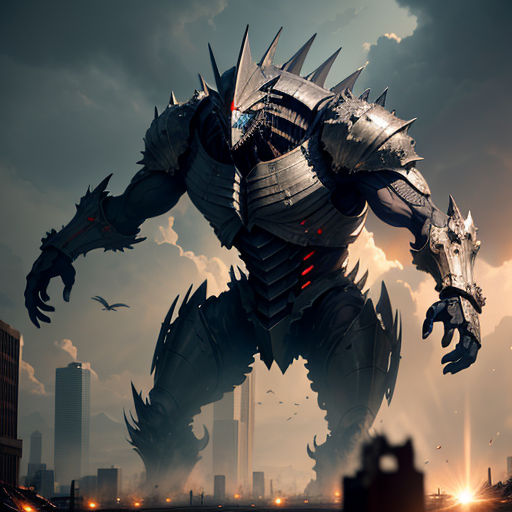 a giant monster with spikes on its back standing in a city at night with a city skyline in the background