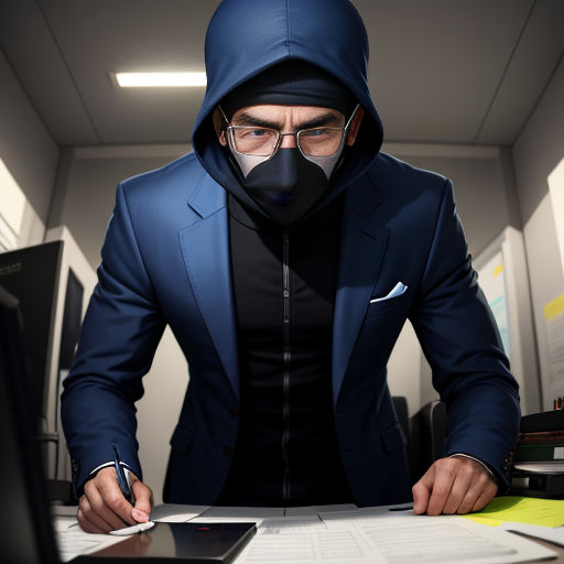 a man in a blue suit and a mask is looking at a computer screen and writing on a piece of paper
