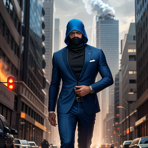a man in a blue suit and a black mask is walking down a city street with cars and buildings
