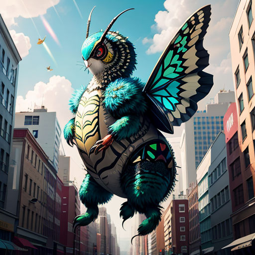 a cartoon character flying through the air in a city with tall buildings and a sky background with clouds and sun