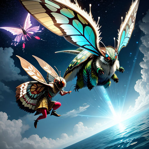 two butterflies flying over the ocean with a sky background and a sun in the background with clouds and stars