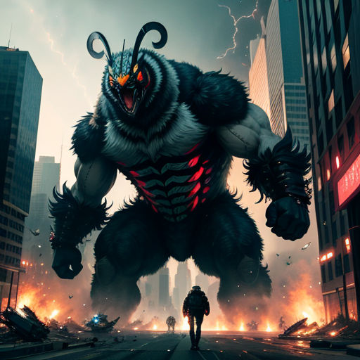 a man walking down a street next to a giant monster in a city at night with a man walking away