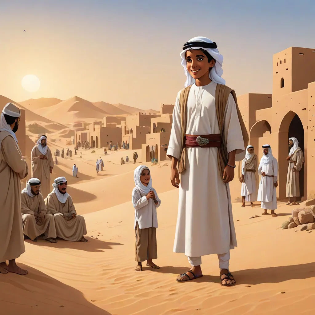 a painting of a man standing in the desert with a group of people around him and a baby in the foreground, Asaf Hanuka, hurufiyya, a detailed matte painting, desert