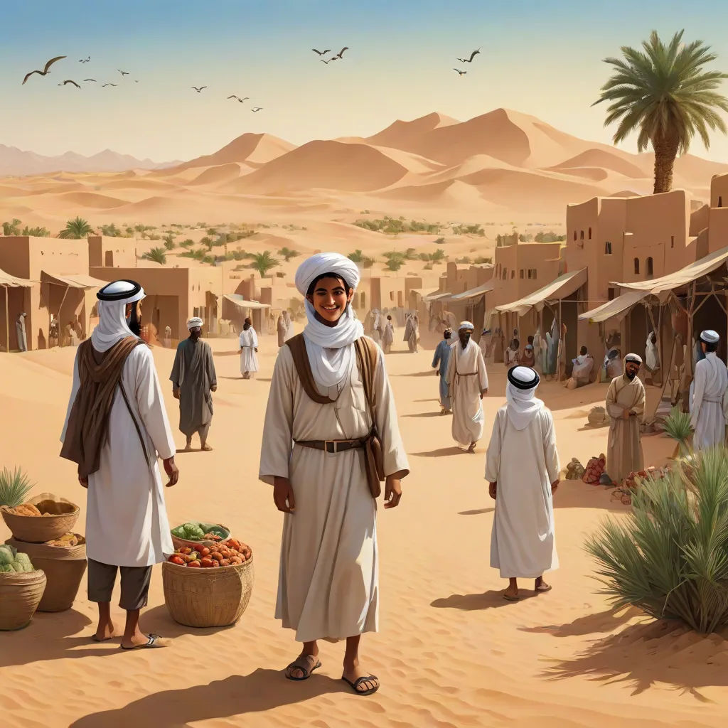 a painting of a desert village with people and a camel in the background and birds flying overhead in the sky, David Ligare, figurative art, a detailed matte painting, desert