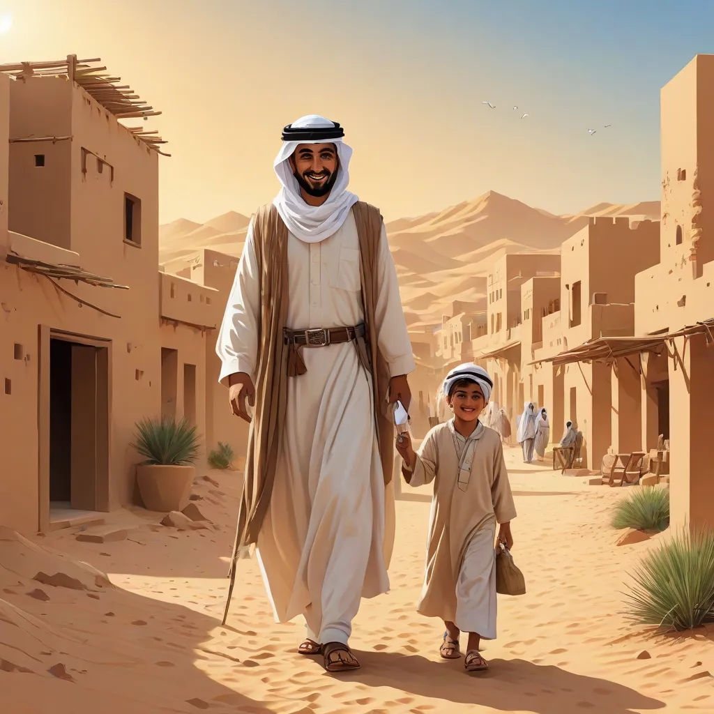 a man and a child walking in the desert with a desert village in the background and a desert village in the foreground, Altoon Sultan, hurufiyya, a storybook illustration, storybook illustration