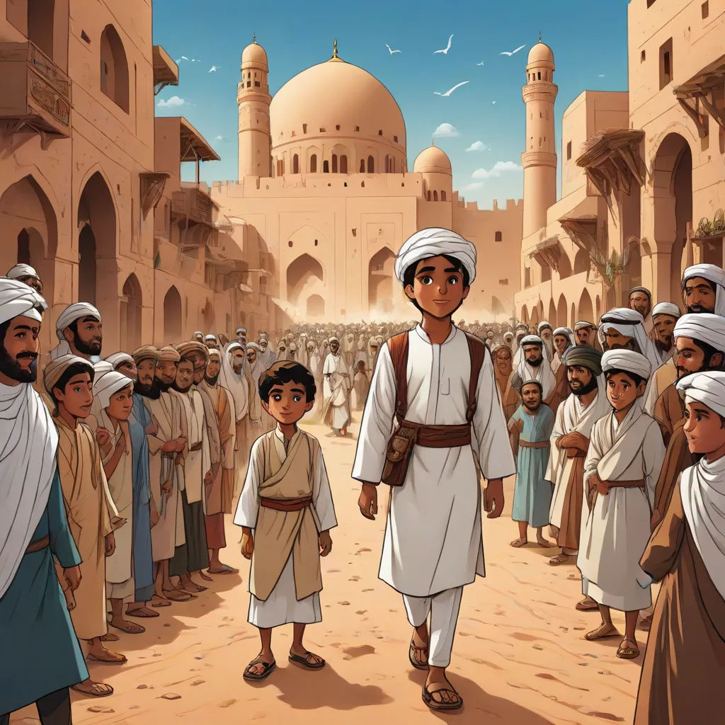 a cartoon of a man standing in front of a crowd of people in a desert town with a mosque in the background, Altoon Sultan, hurufiyya, a comic book panel, graphic novel