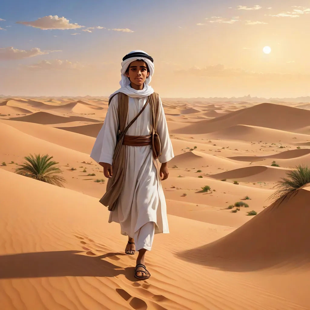 a man in a desert with a desert background and a sun setting in the distance behind him, wearing a white robe and a brown belt, Amir Zand, analytical art, a detailed matte painting, desert