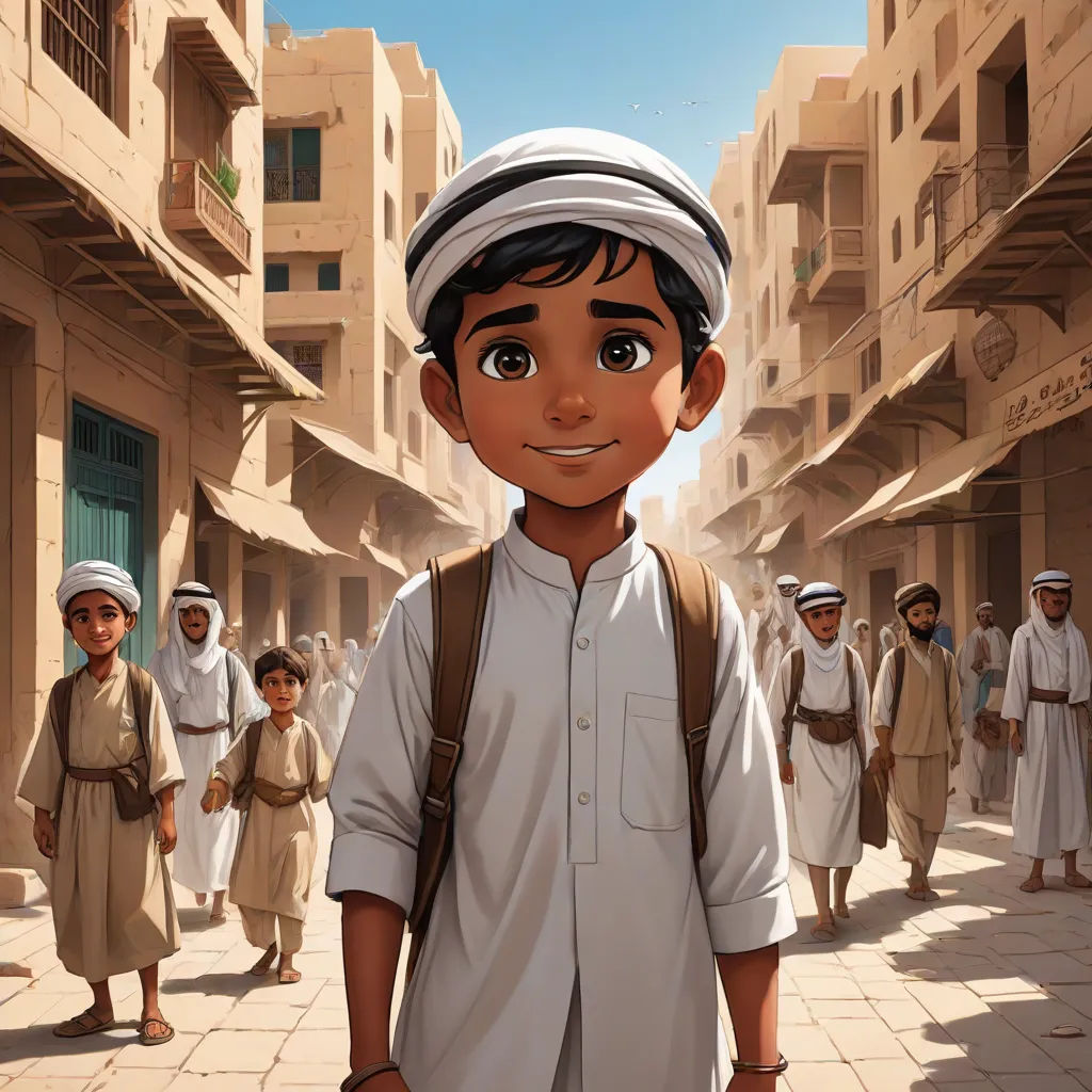 a cartoon of a boy in a white shirt and a group of men in white and tan outfits in a street, Asaf Hanuka, hurufiyya, a comic book panel, cushart krenz