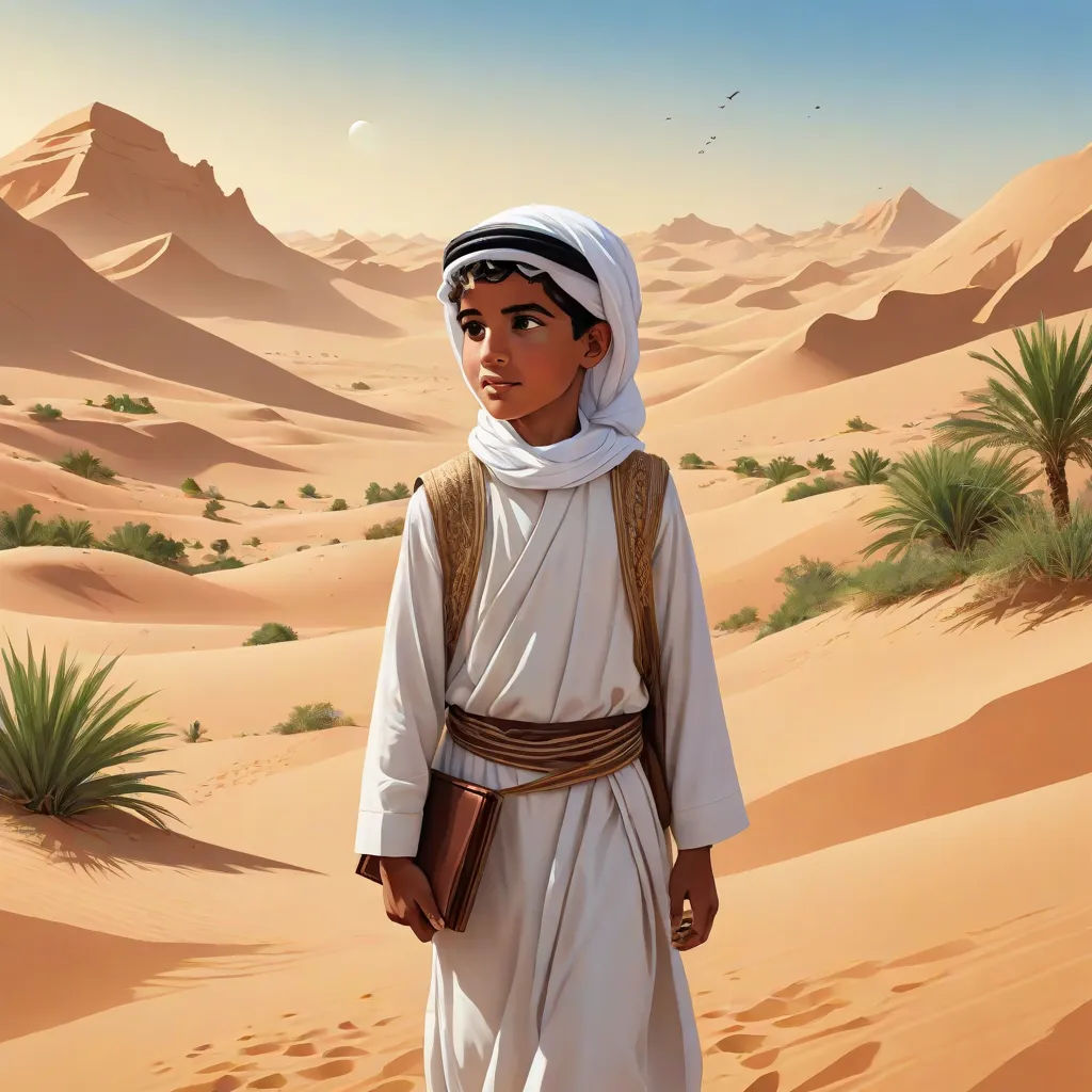 a painting of a young man in a desert setting with a desert landscape in the background and a desert landscape in the foreground, Drew Struzan, fantasy art, a detailed matte painting, desert