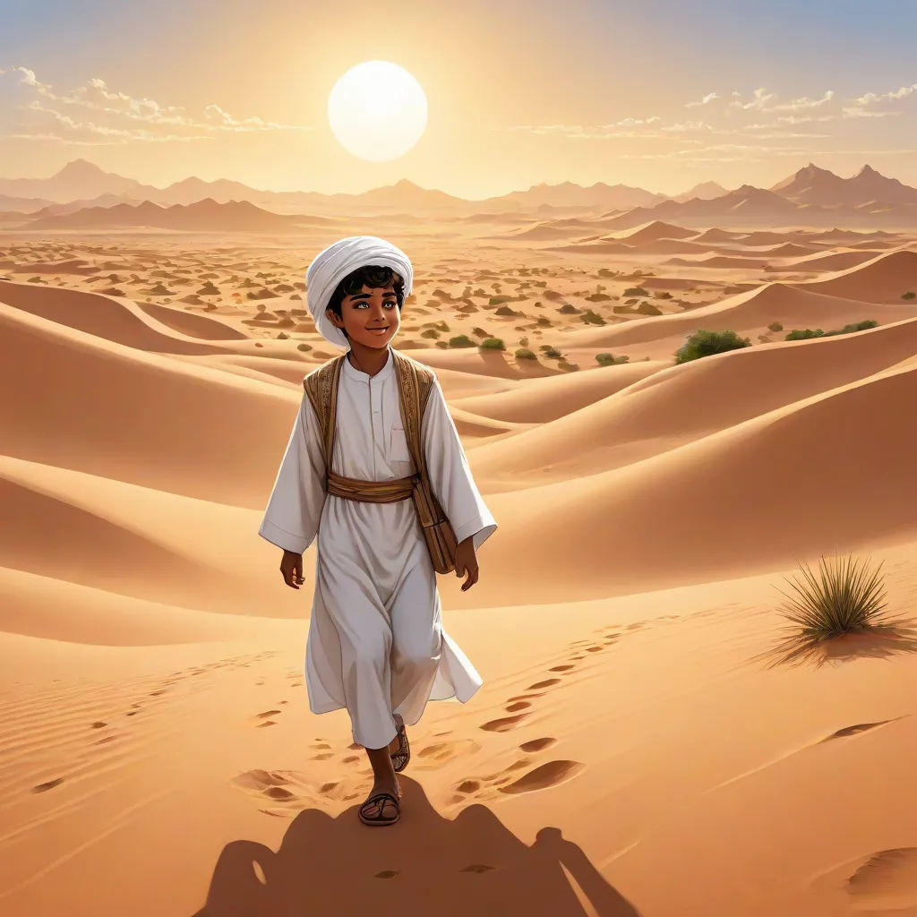 a painting of a man in a desert setting walking through the sand dunes with a desert backdrop and a sun setting in the distance, Drew Struzan, hurufiyya, a storybook illustration, orientalism