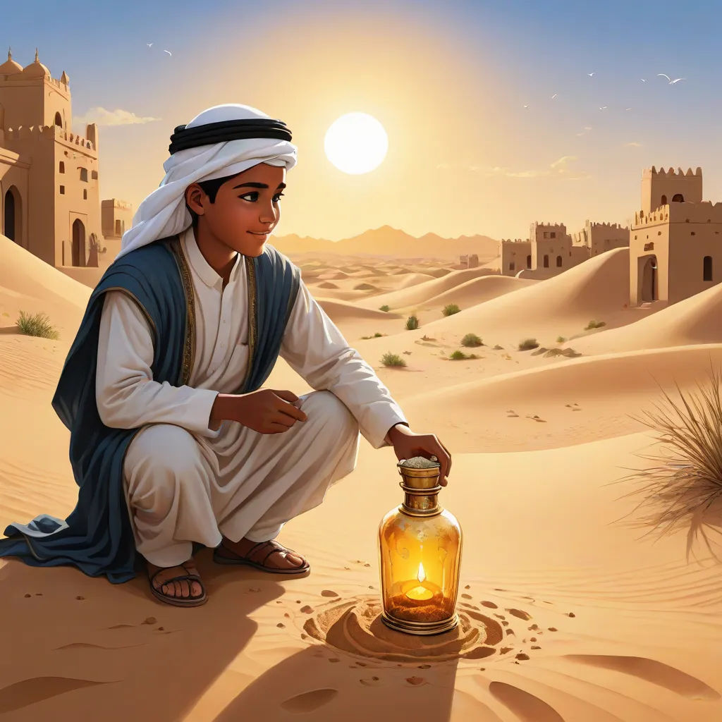 a man kneeling down in the desert with a lantern in his hand and a castle in the background,, Asaf Hanuka, hurufiyya, a storybook illustration, desert