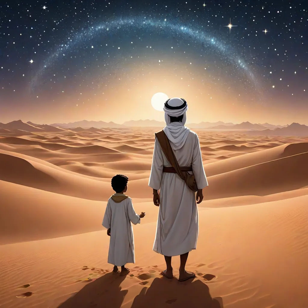 a man and a child standing in the desert under a star filled sky with stars and a bright moon, Barclay Shaw, space art, a detailed matte painting, desert