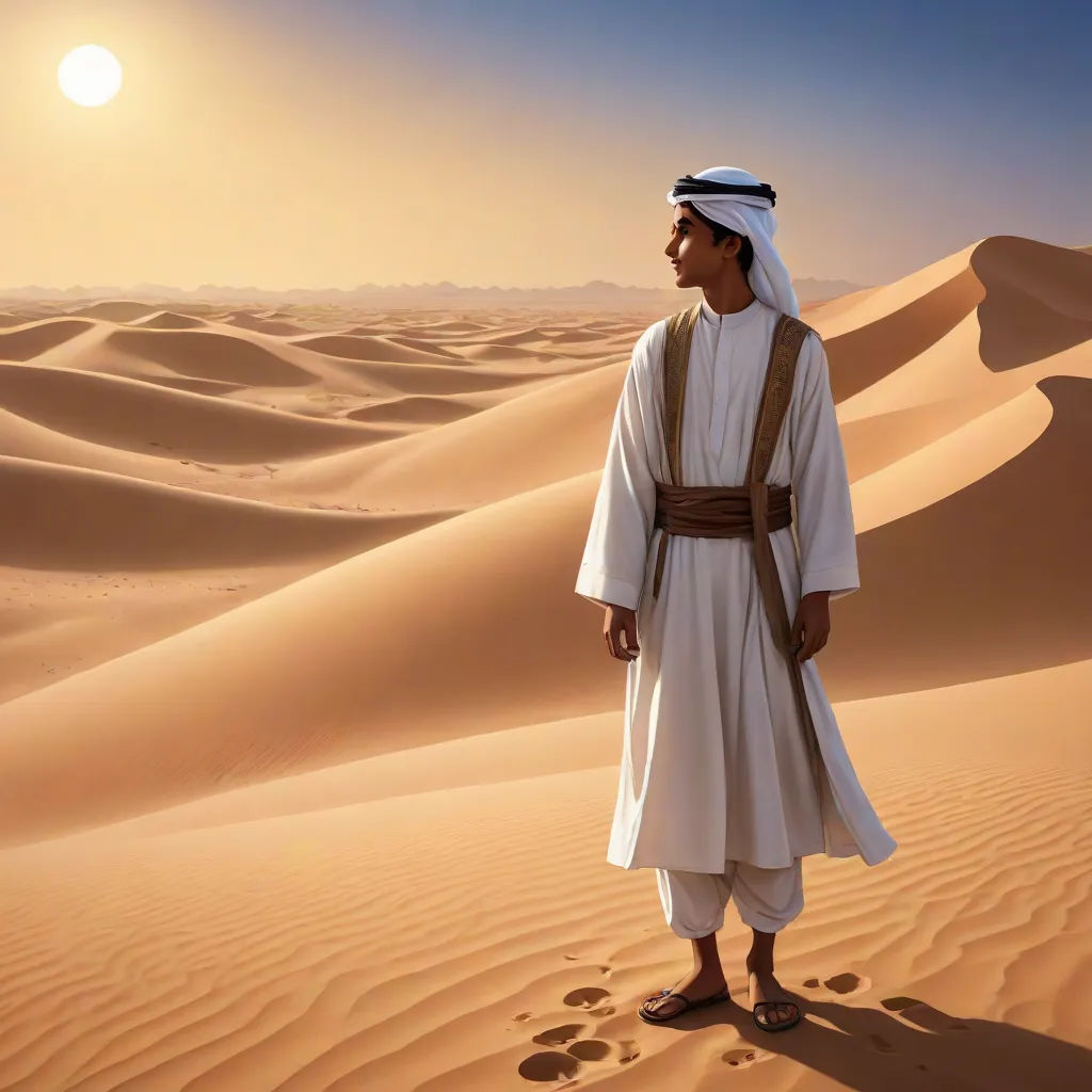 a man in a desert with footprints in the sand and a sun in the background with a sky background, Altoon Sultan, serial art, a detailed matte painting, desert
