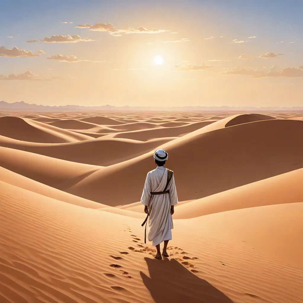 a man walking across a desert with a backpack on his back and a hat on his head, in the distance is a sun, Farid Mansour, analytical art, egyptian art, desert